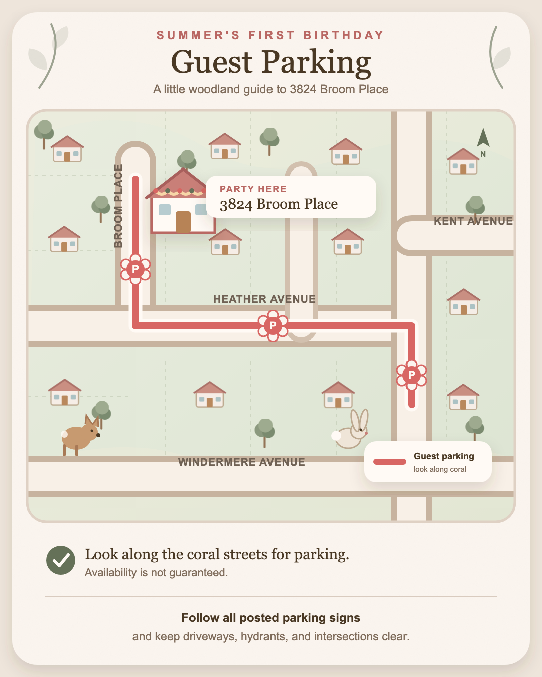 Guest parking map for 3824 Broom Place. Suggested street parking is highlighted in coral along Broom Place, Heather Avenue, and the connecting street east of the home.