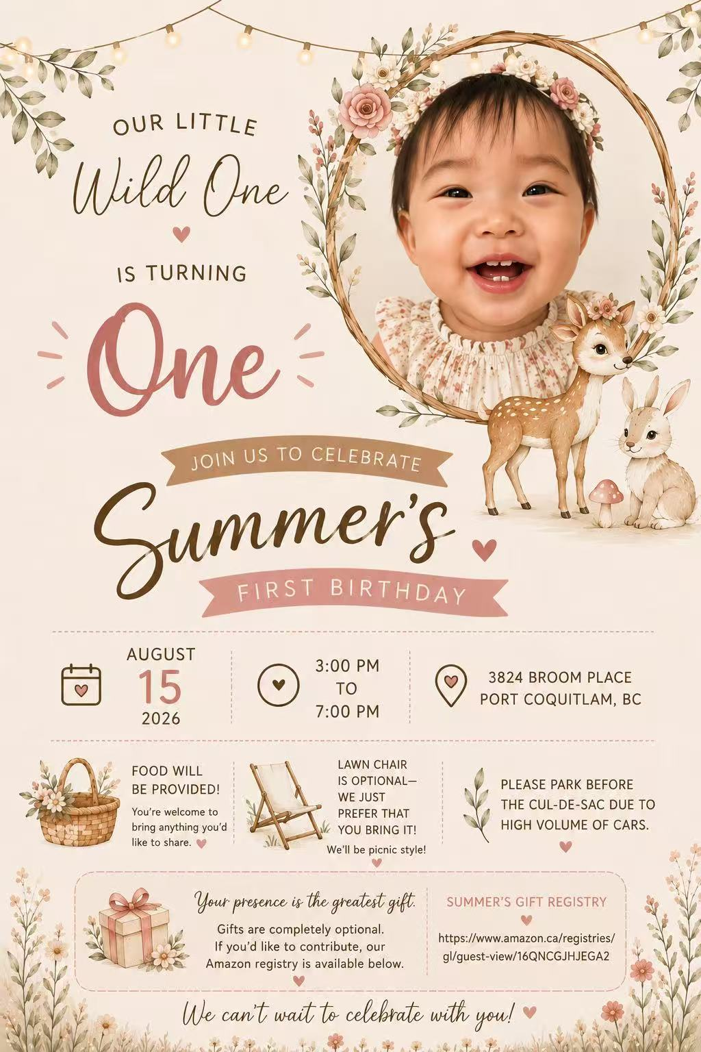 Woodland floral invitation for Summer's first birthday, featuring Summer's photograph and all event details.